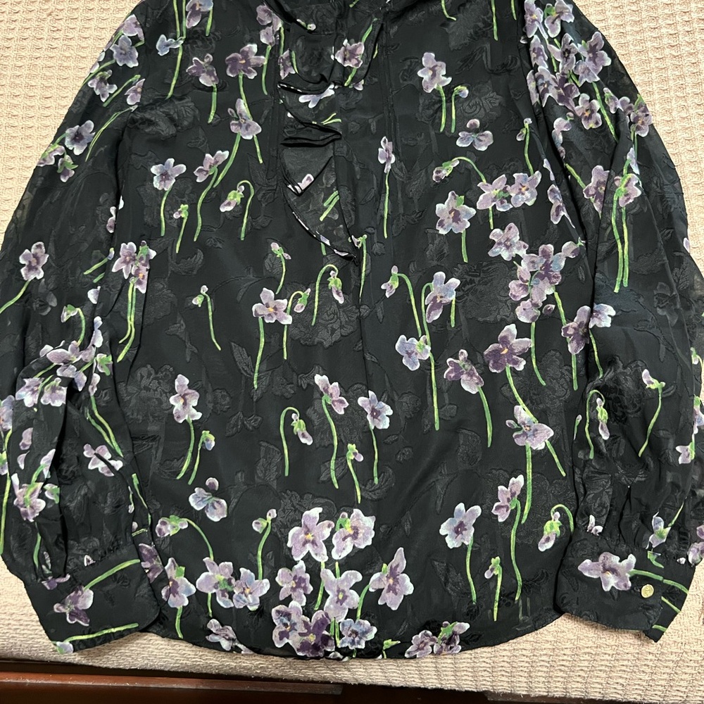 Floral Black Blouse with Purple and Green Accents